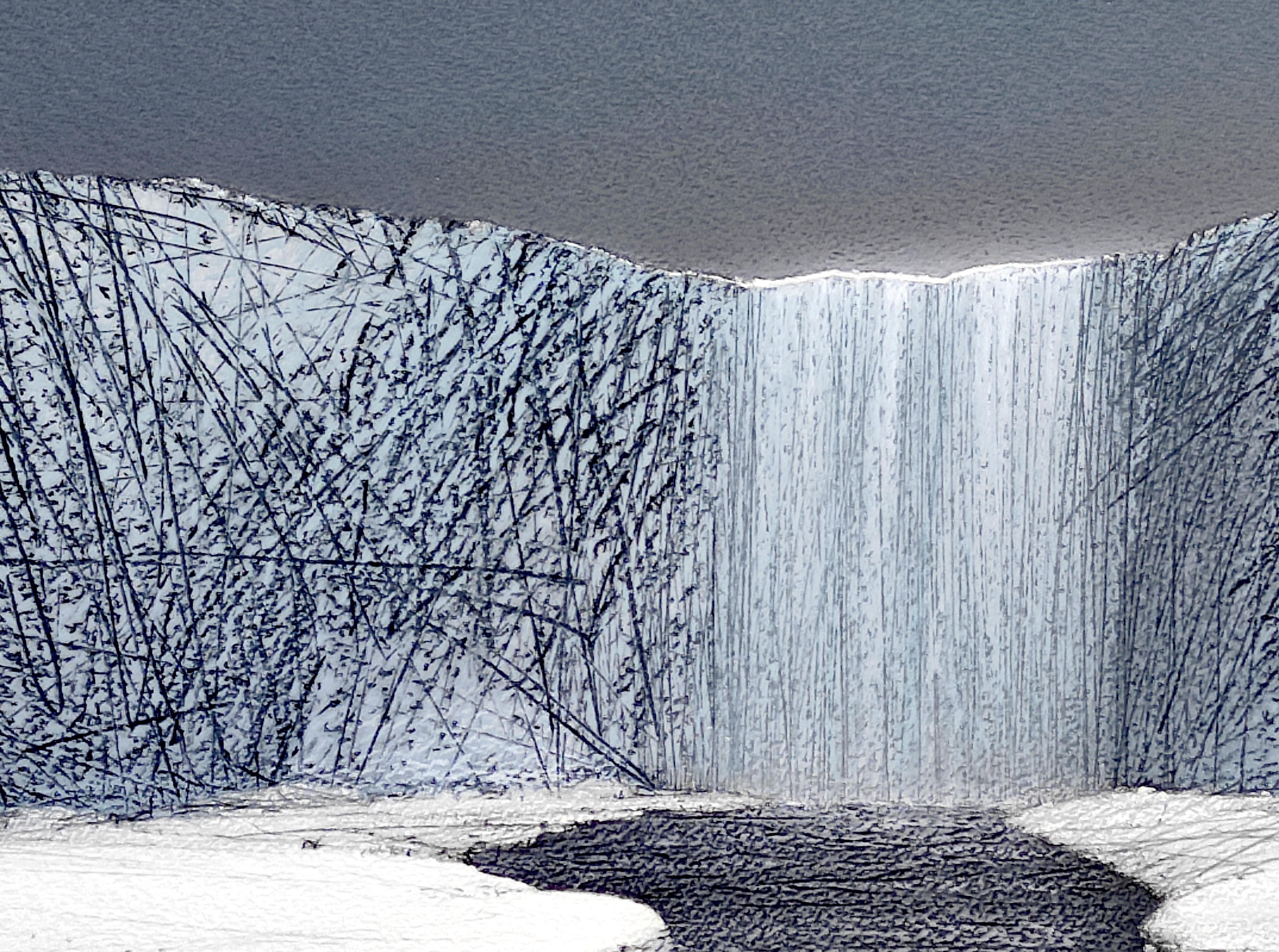 Cascade d'hiver - Paysage d'ambiance contemporain Pastel à l'huile  Peinture - Art de Janusz Kokot