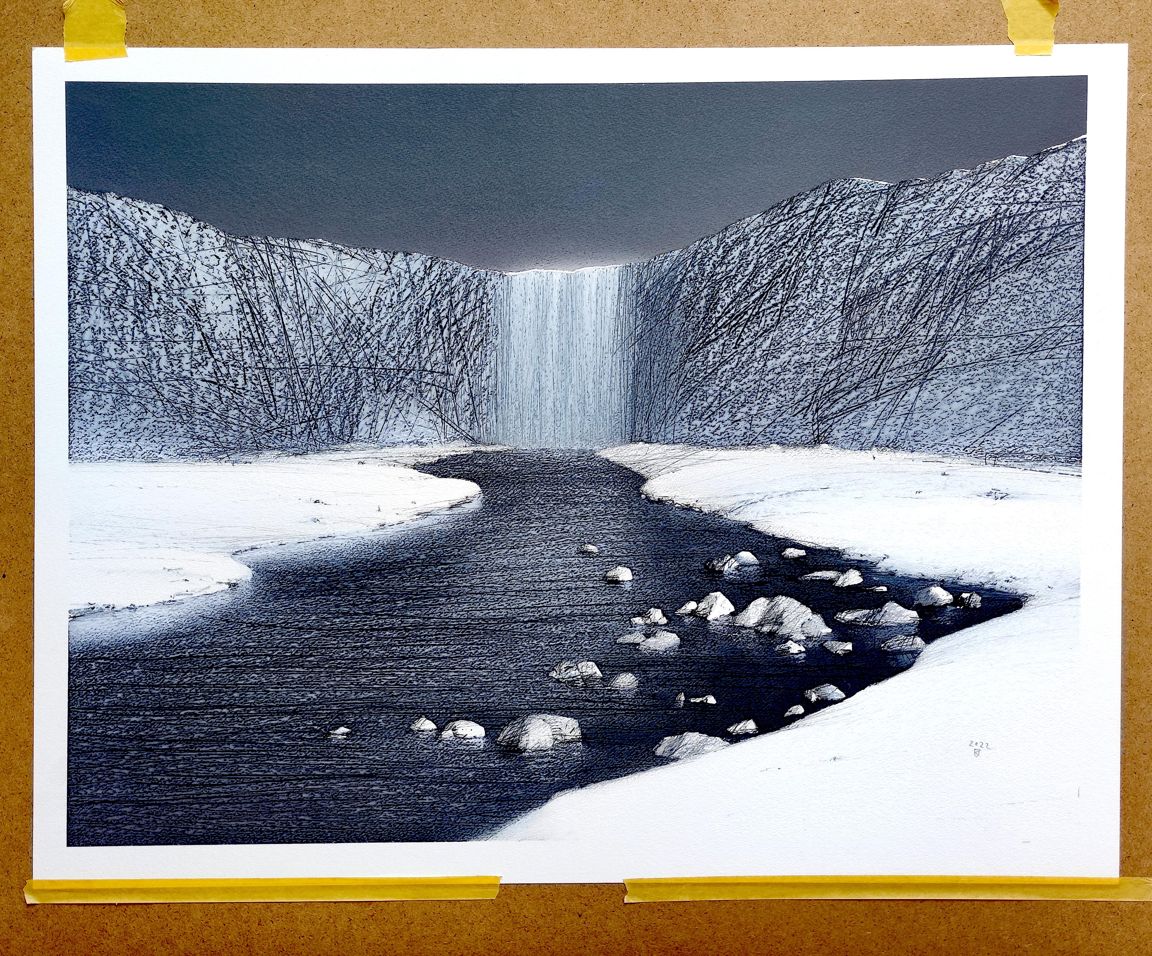 Cascade d'hiver - Paysage d'ambiance contemporain Pastel à l'huile  Peinture - Contemporain Art par Janusz Kokot