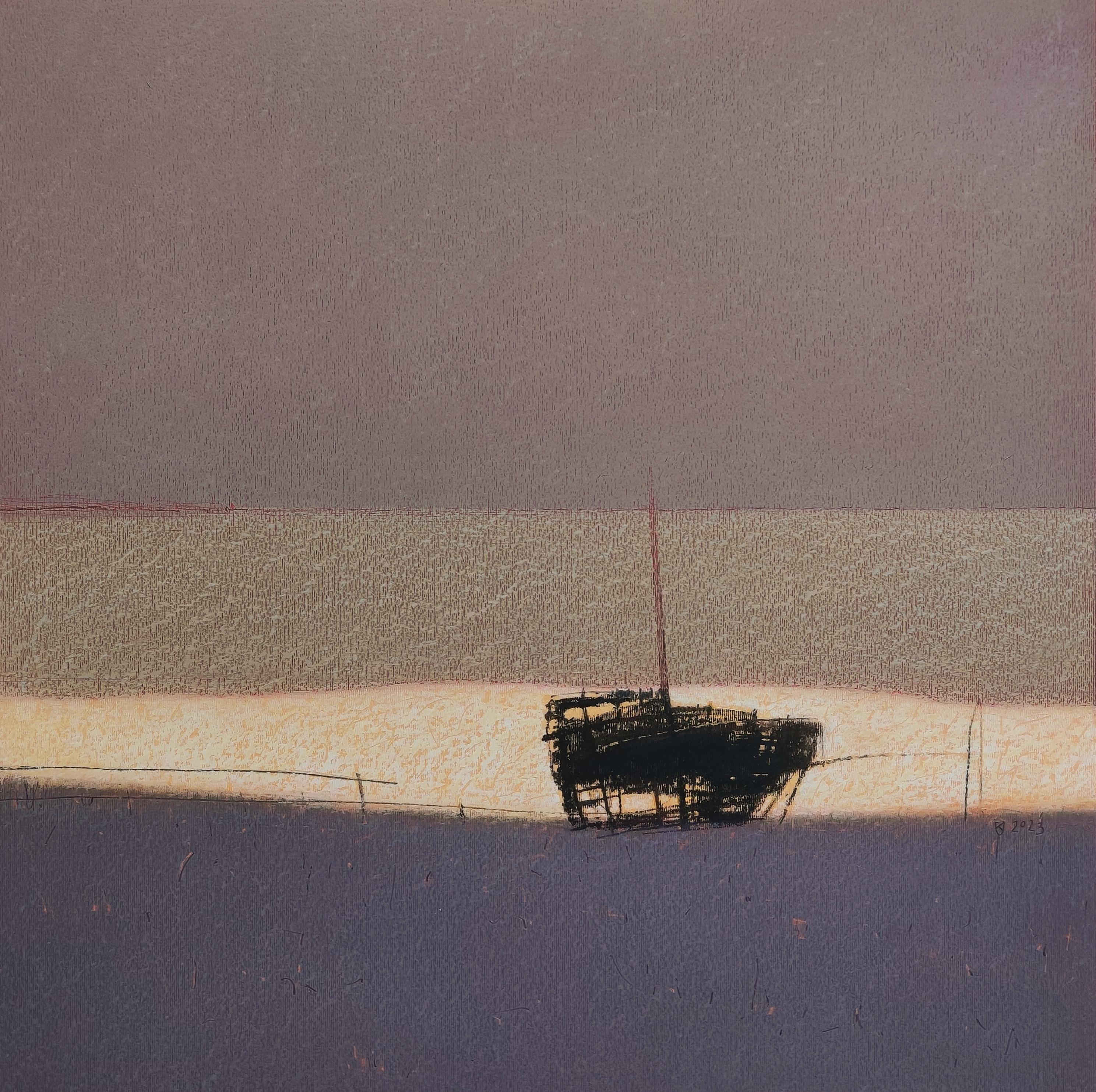 Ship Wreck 1 (Warm) - Contemporary Atmospheric Sea Landscape Oil Pastel Painting