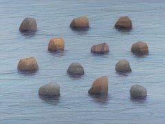 12 Steine - Zeitgenössische Landschaft Ölpastell Gemälde, Wasser-Ansicht