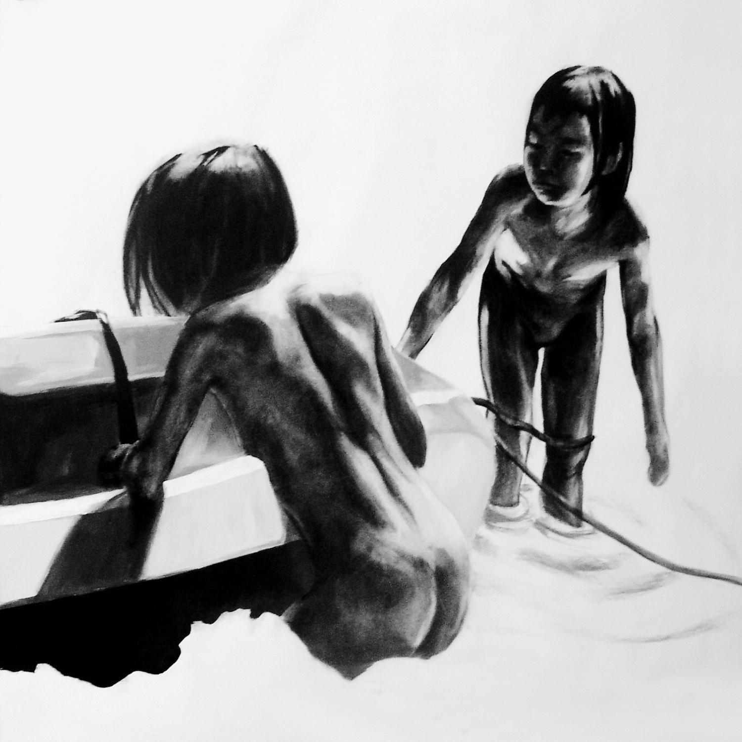 Niños 6 - Dibujo figurativo contemporáneo, blanco y negro, gran formato