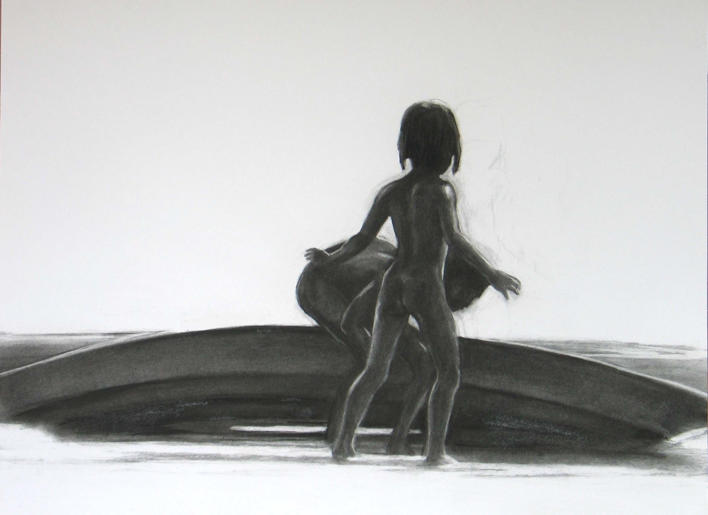 Children 11 - Contemporary Figurative Drawing, Black And White, Realism, Boat