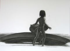 Children 11 - Contemporary Figurative Drawing, Black And White, Realism, Boat