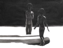 Children 13 - Contemporary Figurative Drawing, Black And White, Realism, Boat