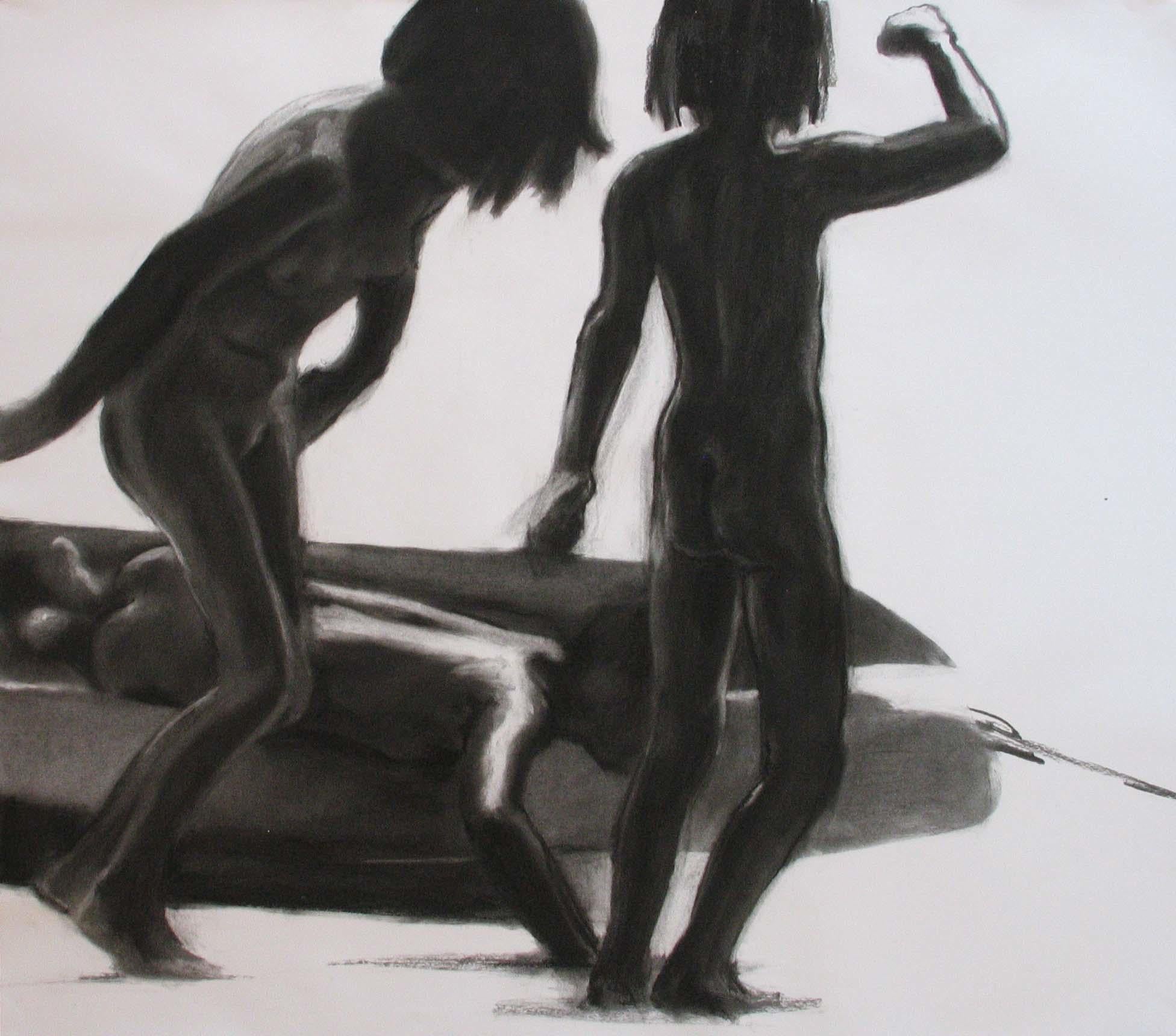 Children 19 - Expressionism, Figurative Drawing, Black And White, Boat, Play