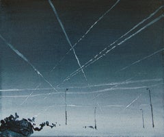 Used Condensation Trails - Modern Landscape Oil Painting, Realism, Cityscape, Blue