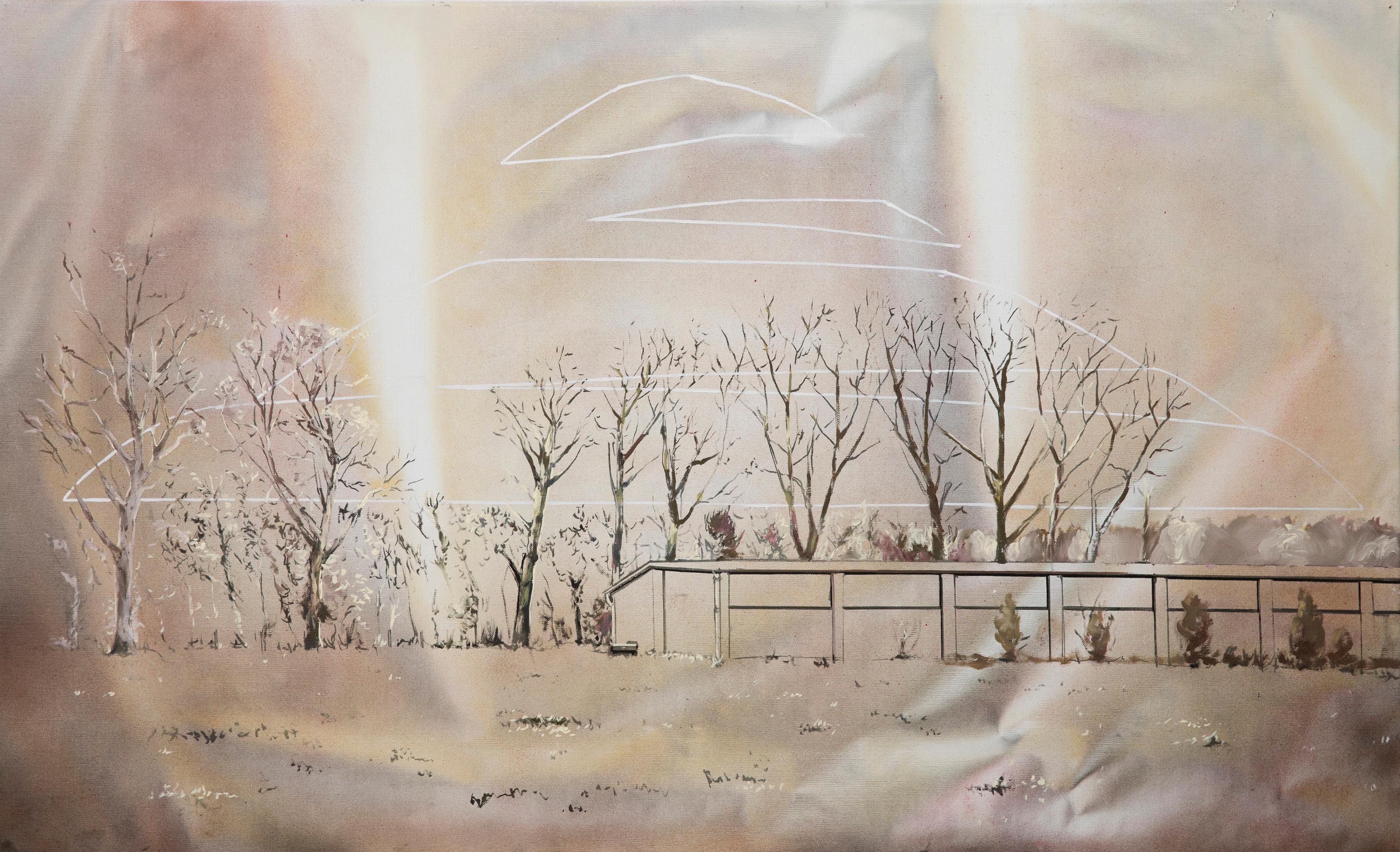 Bogumił Książek  Landscape Painting -  Landing of the Piłsudski Mound - Contemporary Figurative Painting, Warm Colours
