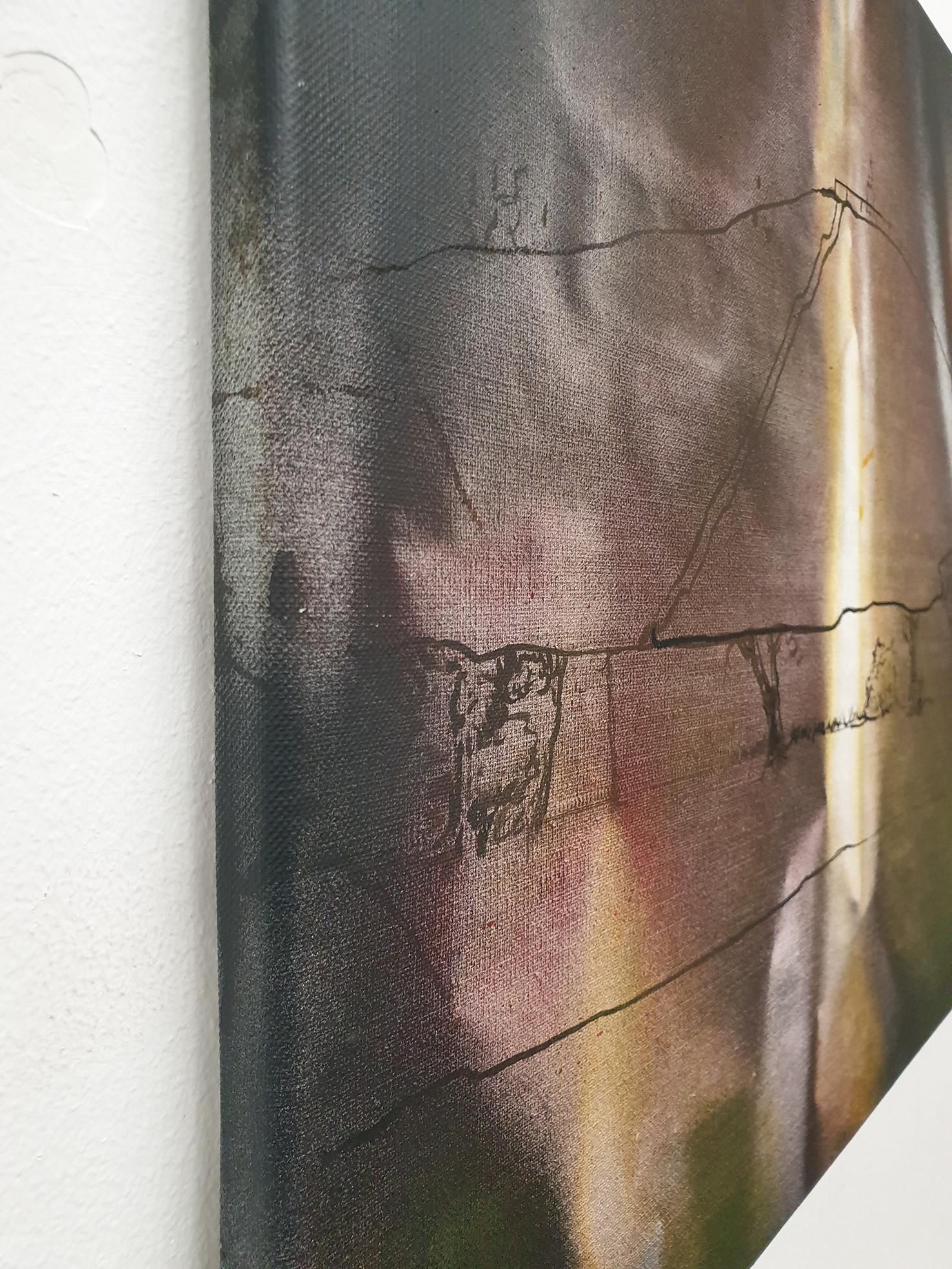 Reconstruction du mound Krak  Peinture de paysage contemporaine, Nature - Noir Abstract Painting par Bogumił Książek 