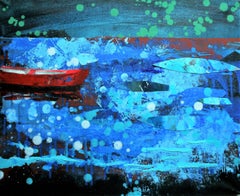 Red Boat - Modern Landscape Painting, Lake View, Nature, Blue Tones, Expression