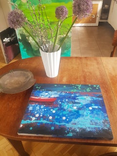 Red Boat - Modern Landscape Painting, Lake View, Nature, Blue Tones, Expression