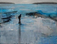 Boy In The Lake 1 - Large Format Landscape Oil Painting, Lake View, Expression