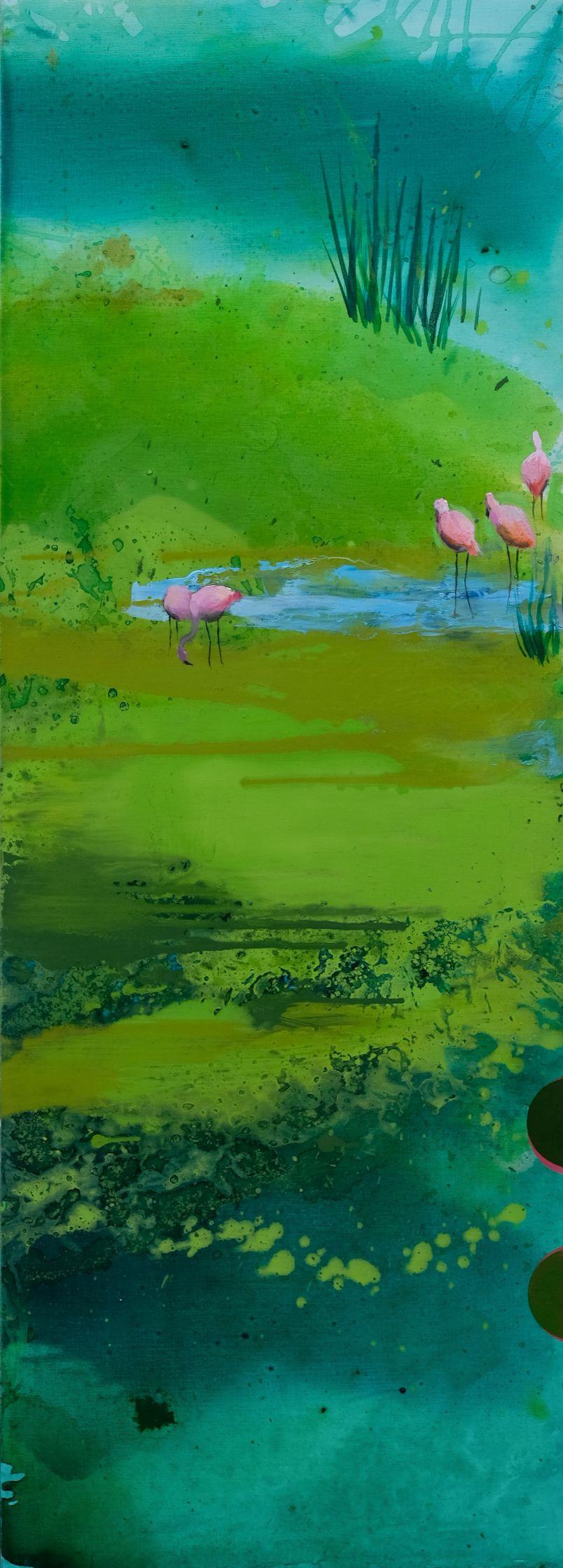 Pink Flamingos - Modern Landscape Oil Painting, Lake View, Nature, Green Tones