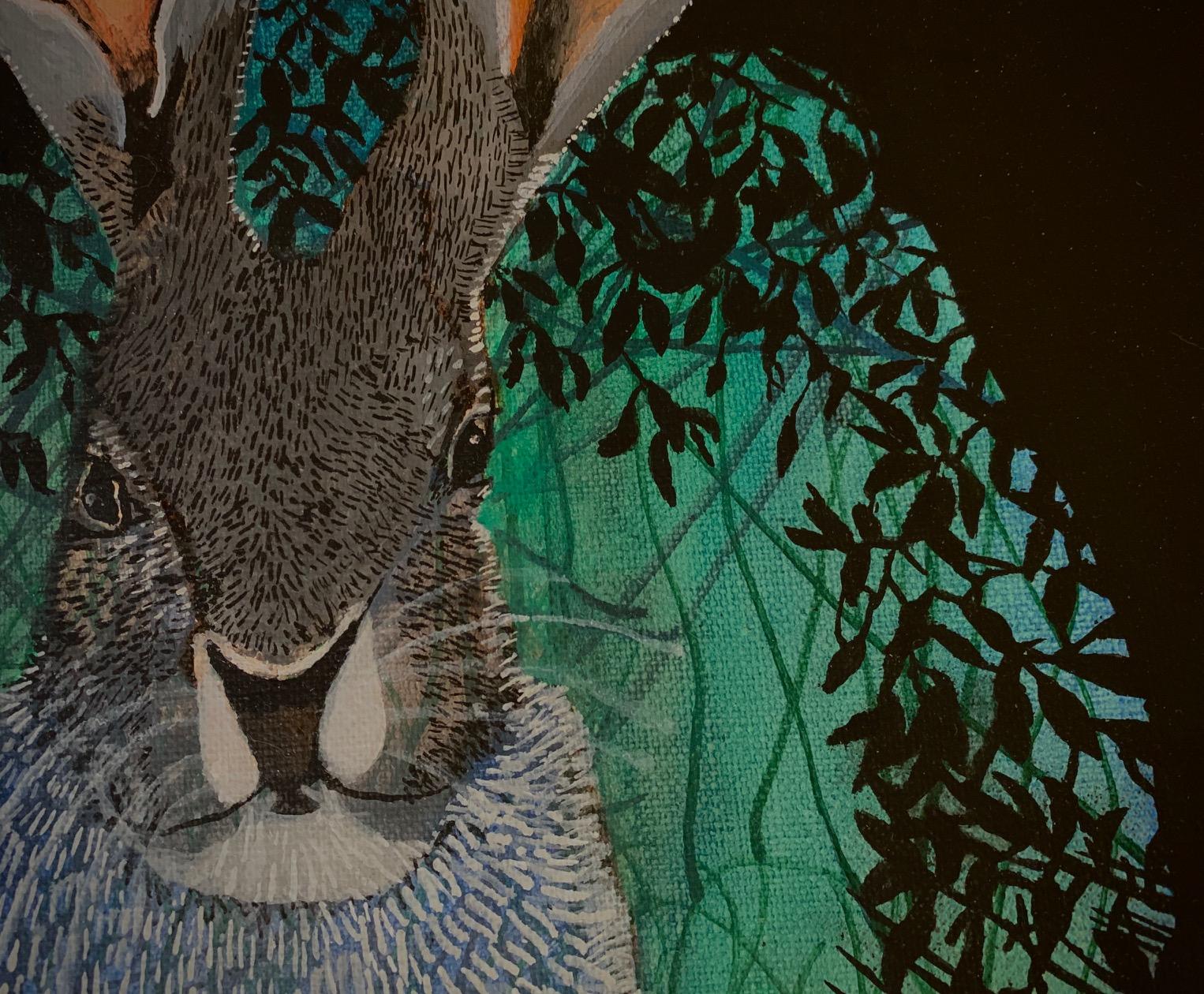 Rabbit 2 - Contemporary Figurative Animals Oil Painting, Magical Realism, Nature - Black Animal Painting by Aleksandra Bujnowska