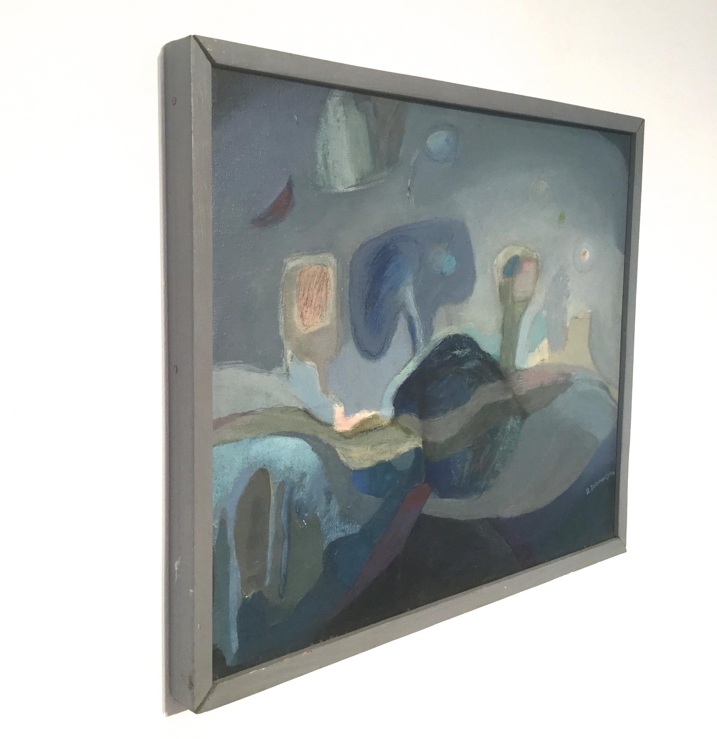 Ohne Titel – Blaue Landschaft mit Bäumen, figuratives Ölgemälde des XX. Jahrhunderts (Grau), Figurative Painting, von Alina Dobrowolska