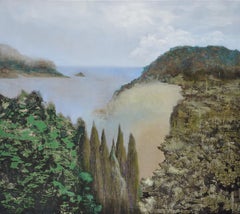 Cypresses - Large Format Contemporary Nature Oil Painting, Landscape, Sea Bay