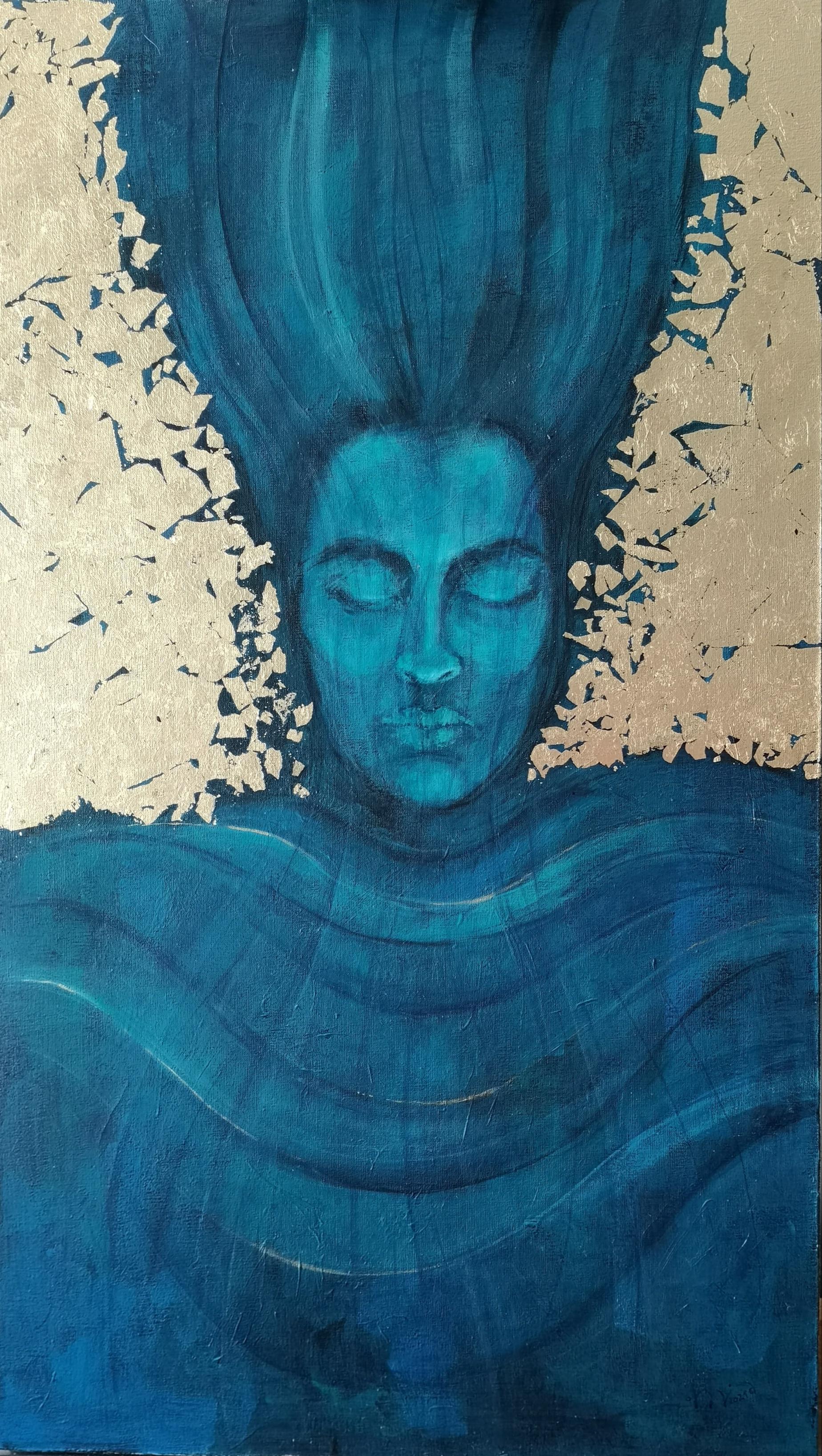 Aquarius  - Zodiac Series, Golden Portrait, Contemporary Painting, Azure Blue  
