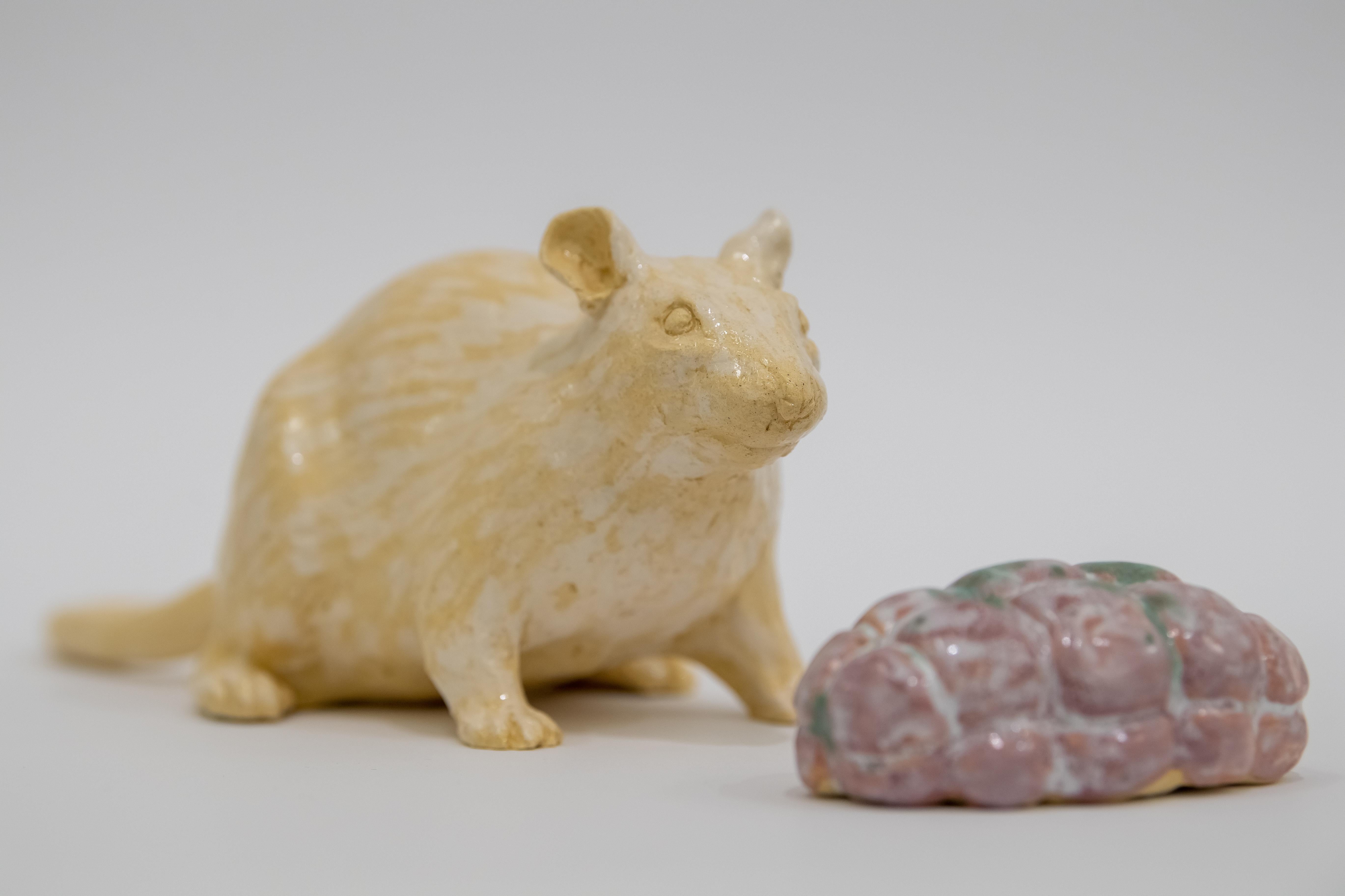 Rat With Ham - Sculpture contemporaine unique en céramique émaillée faite à la main, portrait - Gris Figurative Sculpture par Monika Zadurska-Bielak