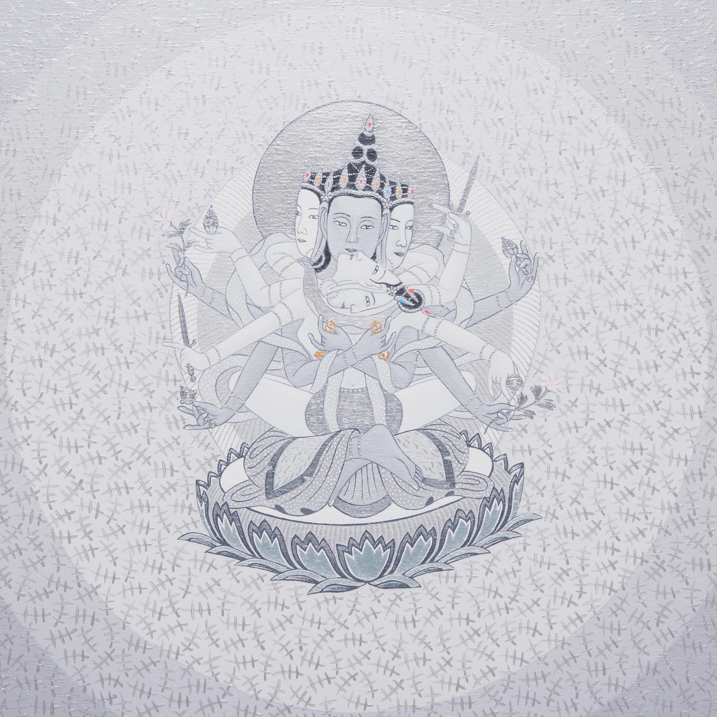 An expression of devotion, this mesmerizing painting is the result of months of dedicated work. Thousands of careful brushstrokes surround the central image of the Tibetan Buddha Akshobhyavajra, a focal point within a gradient of concentric circles.