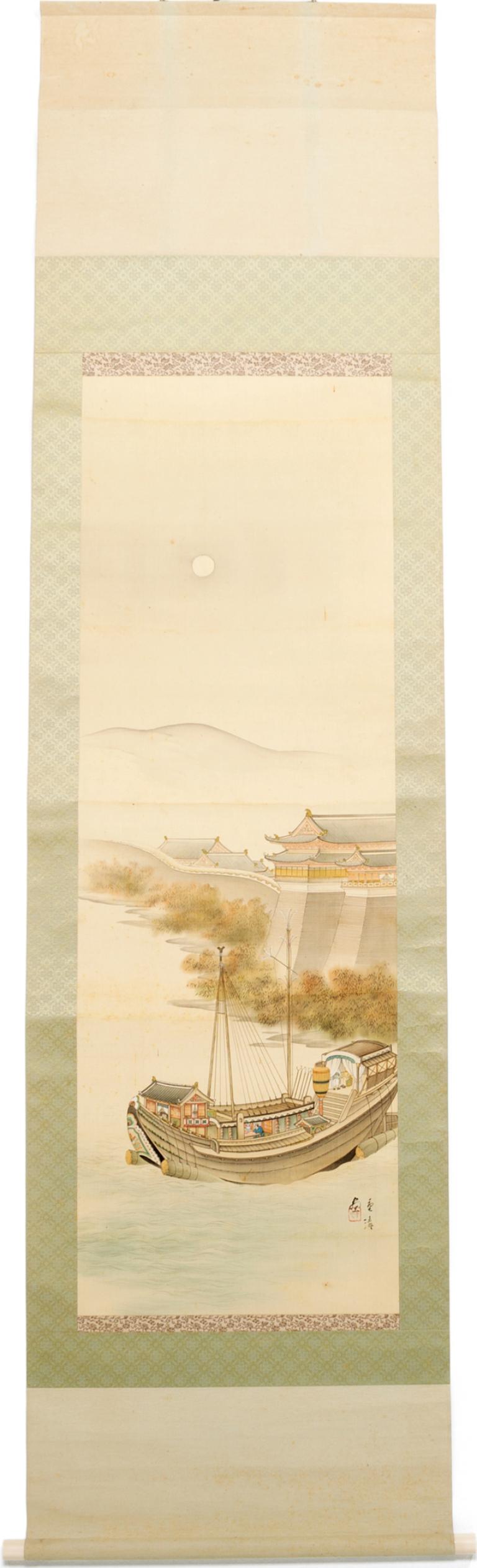Unknown Landscape Art - Japanese Riverside Landscape Scroll, c. 1900