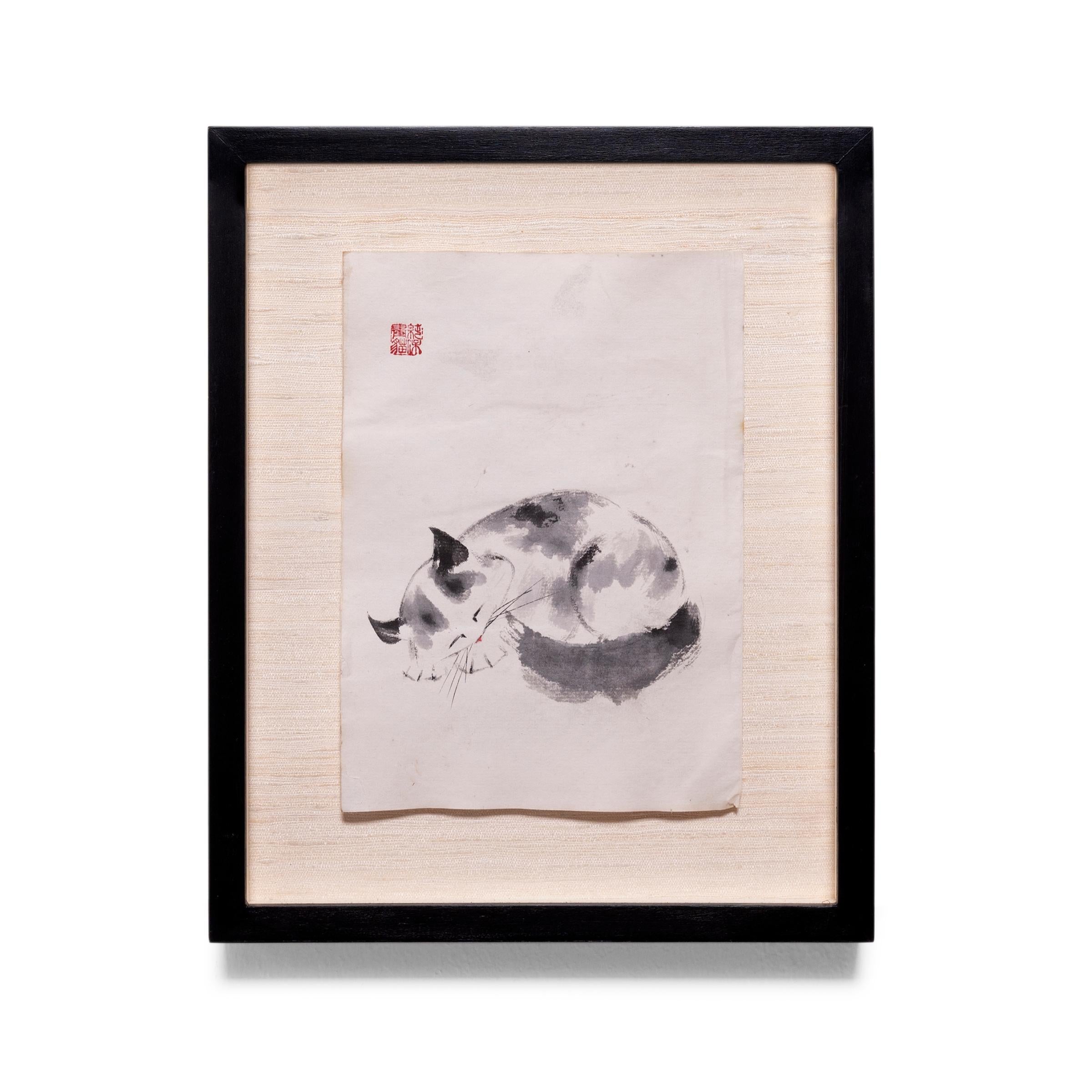 Unknown Figurative Painting - "Sleeping Cat" Ink Calligraphy Painting