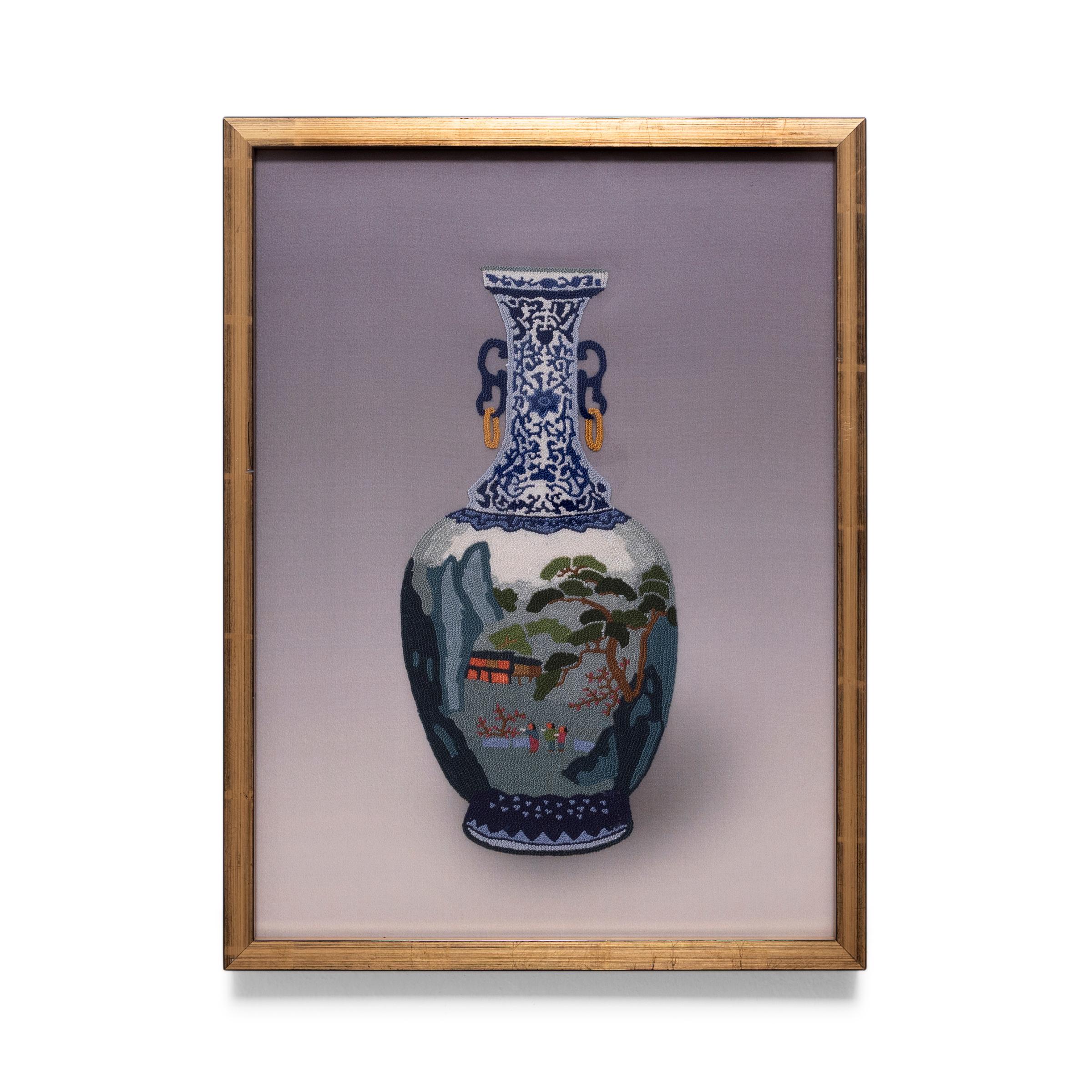 Chinese Forbidden Stitch Embroidery of Shan Shui Vase