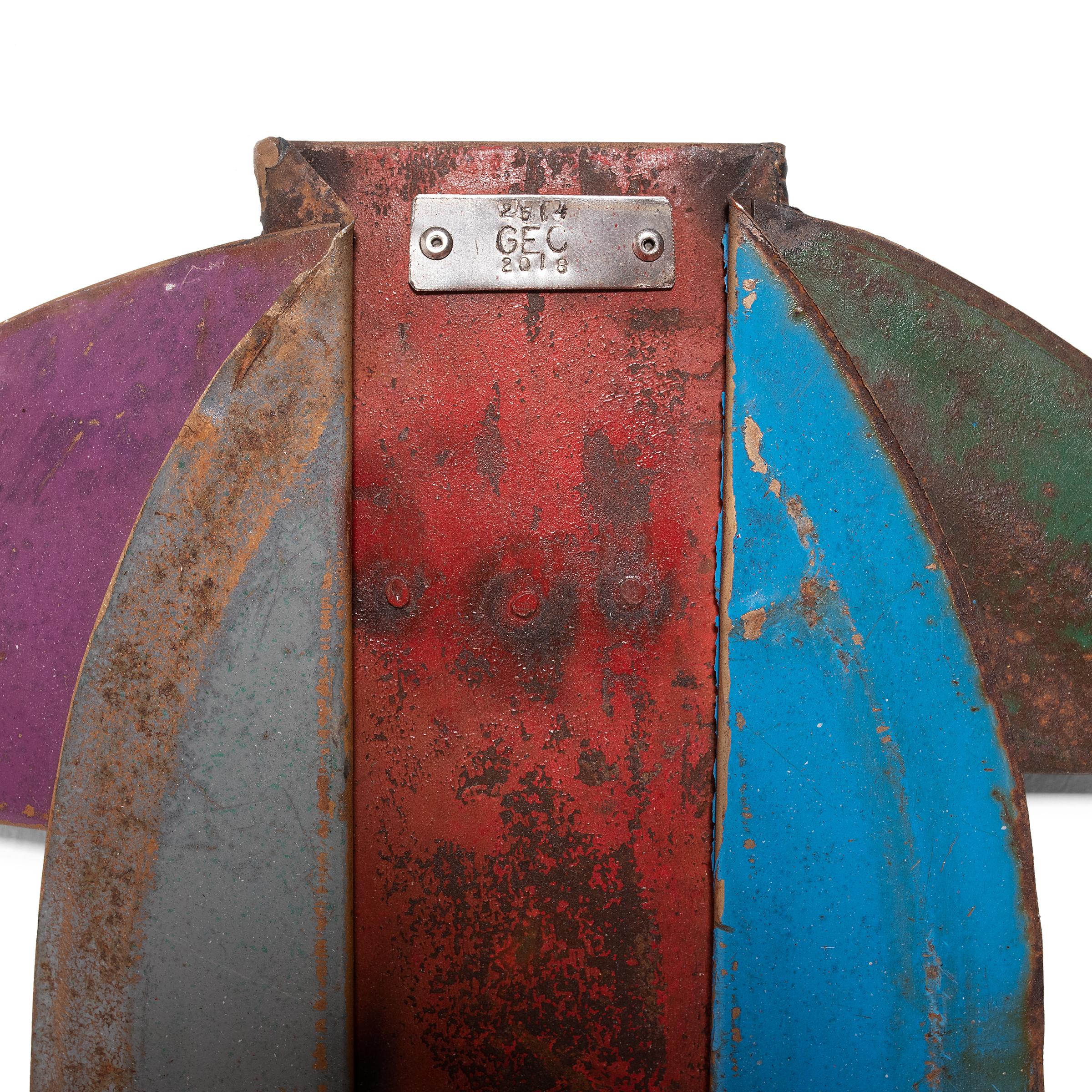 Upon discovering a weathered steel drum that had been warped to resemble the sleeve of a garment, artist Gordon Chandler was inspired to embark on a series of kimono sculptures formed from found metal scraps. With an eye to the aesthetic