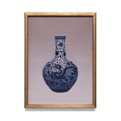 Vase chinois brodé de points forgés d'une broderie bleue et blanche