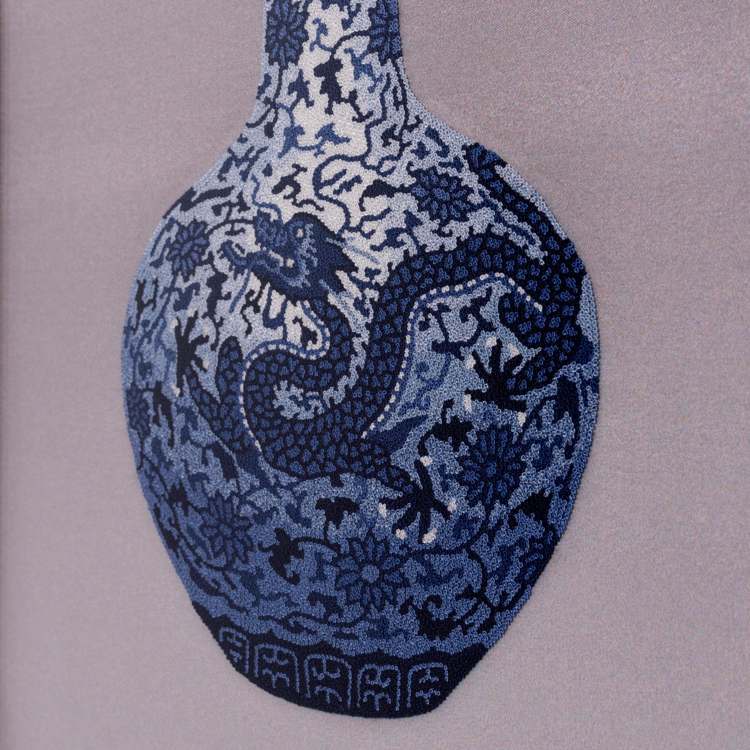 Chinese Forbidden Stitch Embroidery of a Blue and White Vase For Sale 1