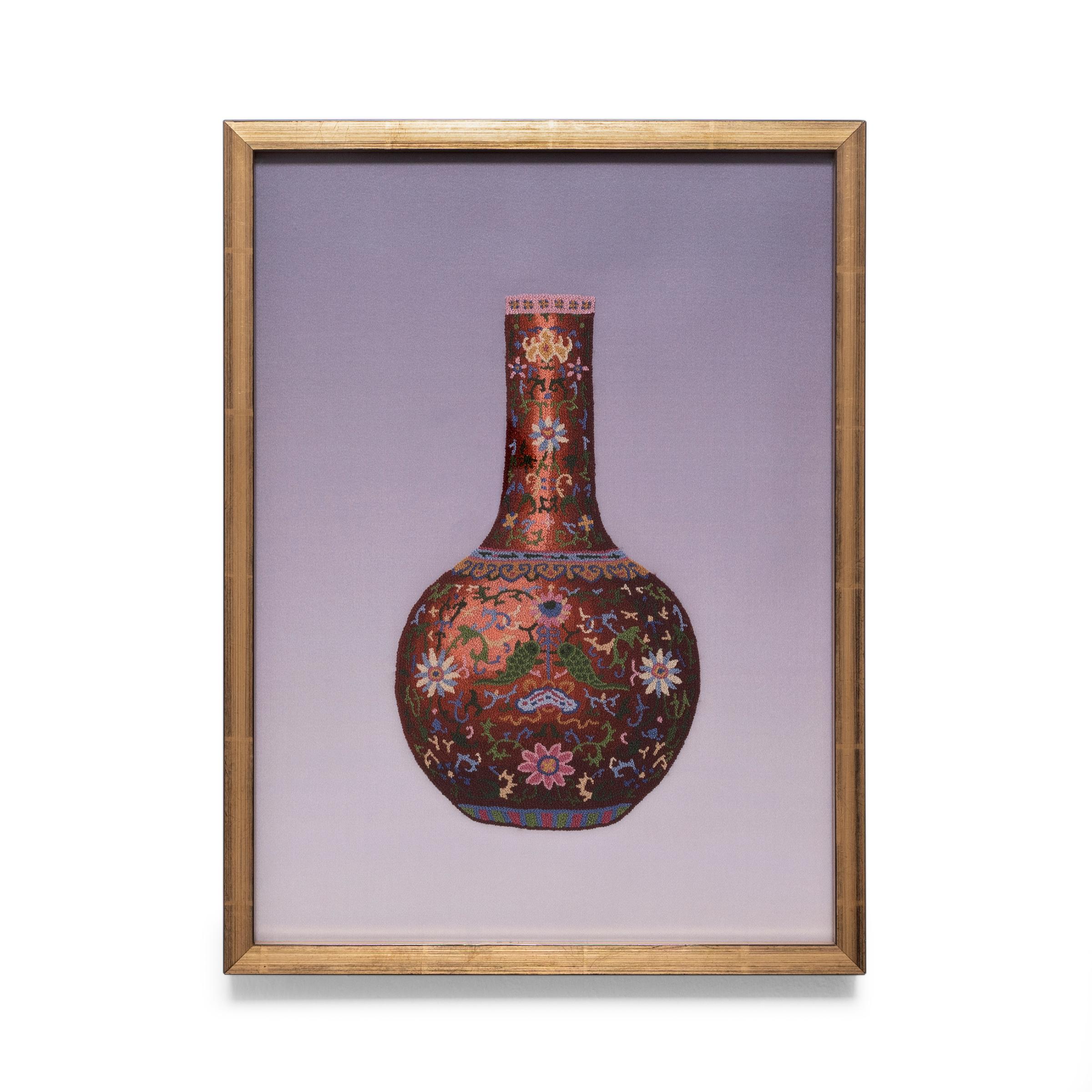 Chinese Forbidden Stitch Embroidery of a Famille Rose Vase - Mixed Media Art by Unknown