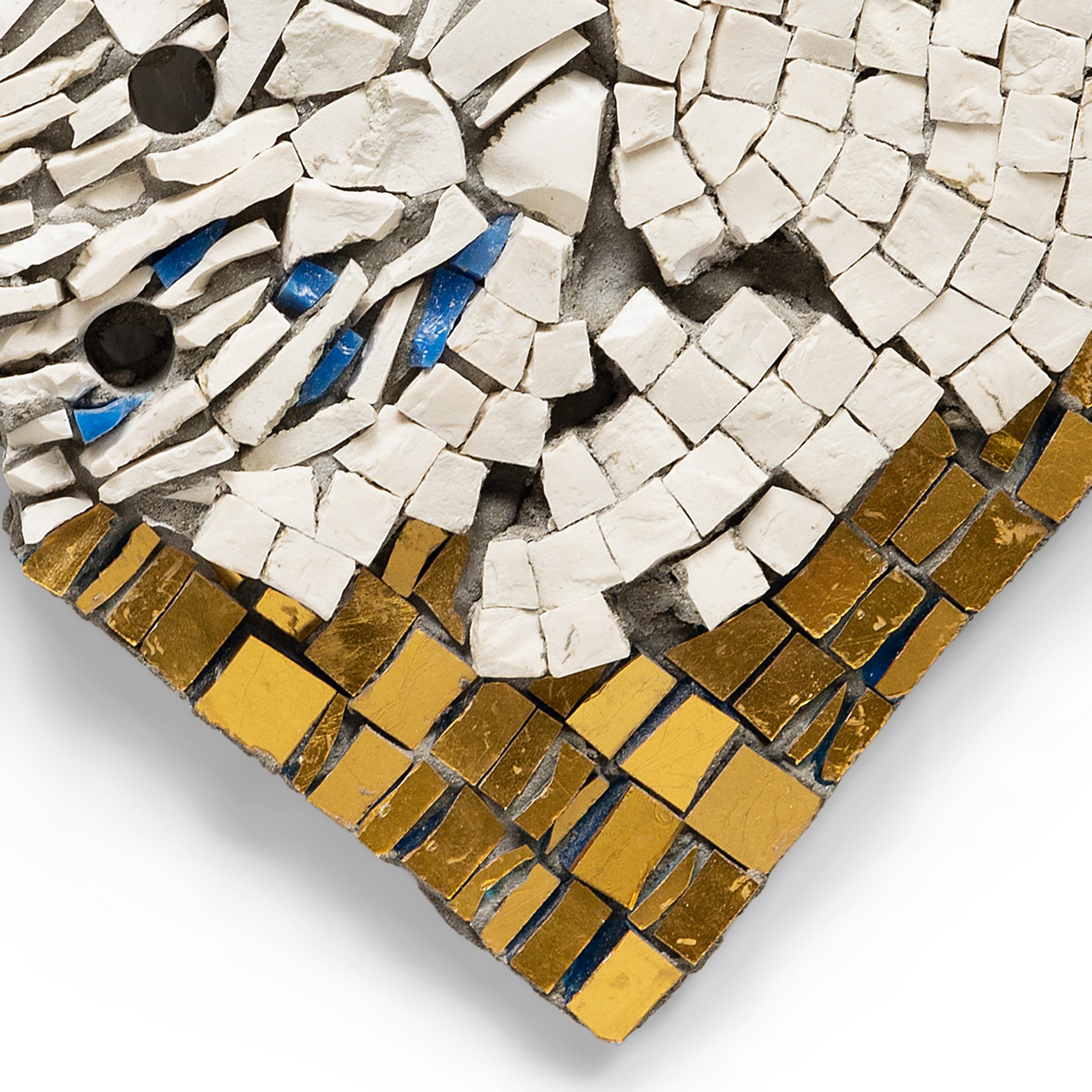 In the series “Heavenly,” Toyoharu Kii honors the fullness of life and its continual rebirth. In some works, white tesserae assume abstract profiles. In others, irregular shapes contain a disorderly array of jagged tiles, suggesting the unexpected