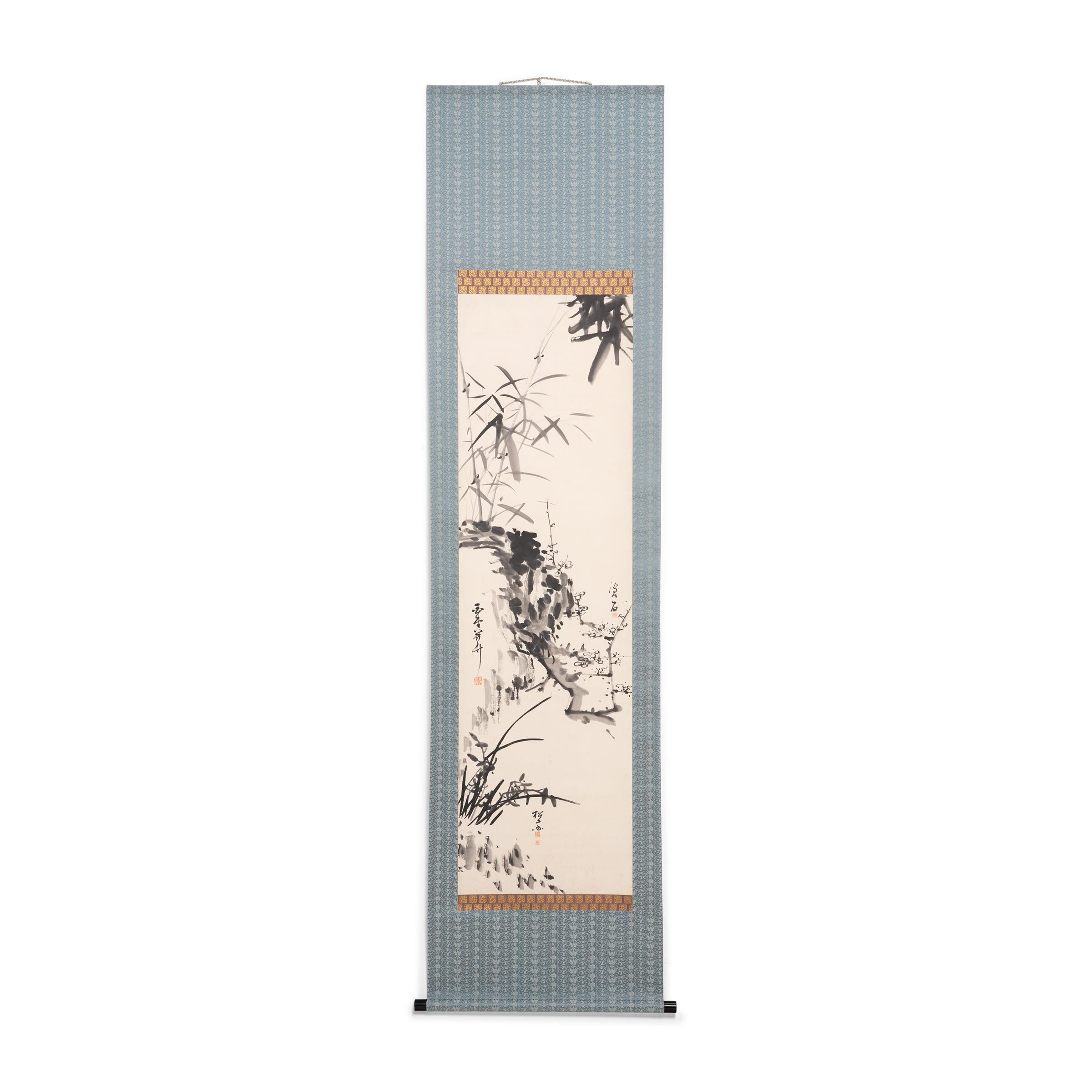 Unknown Landscape Art – Koreanische hängende Koreanische Schnörkel aus Bambus, Prunus und Orchideen
