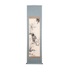 Scroll coréen de bambou, prunus et orchidées suspendues