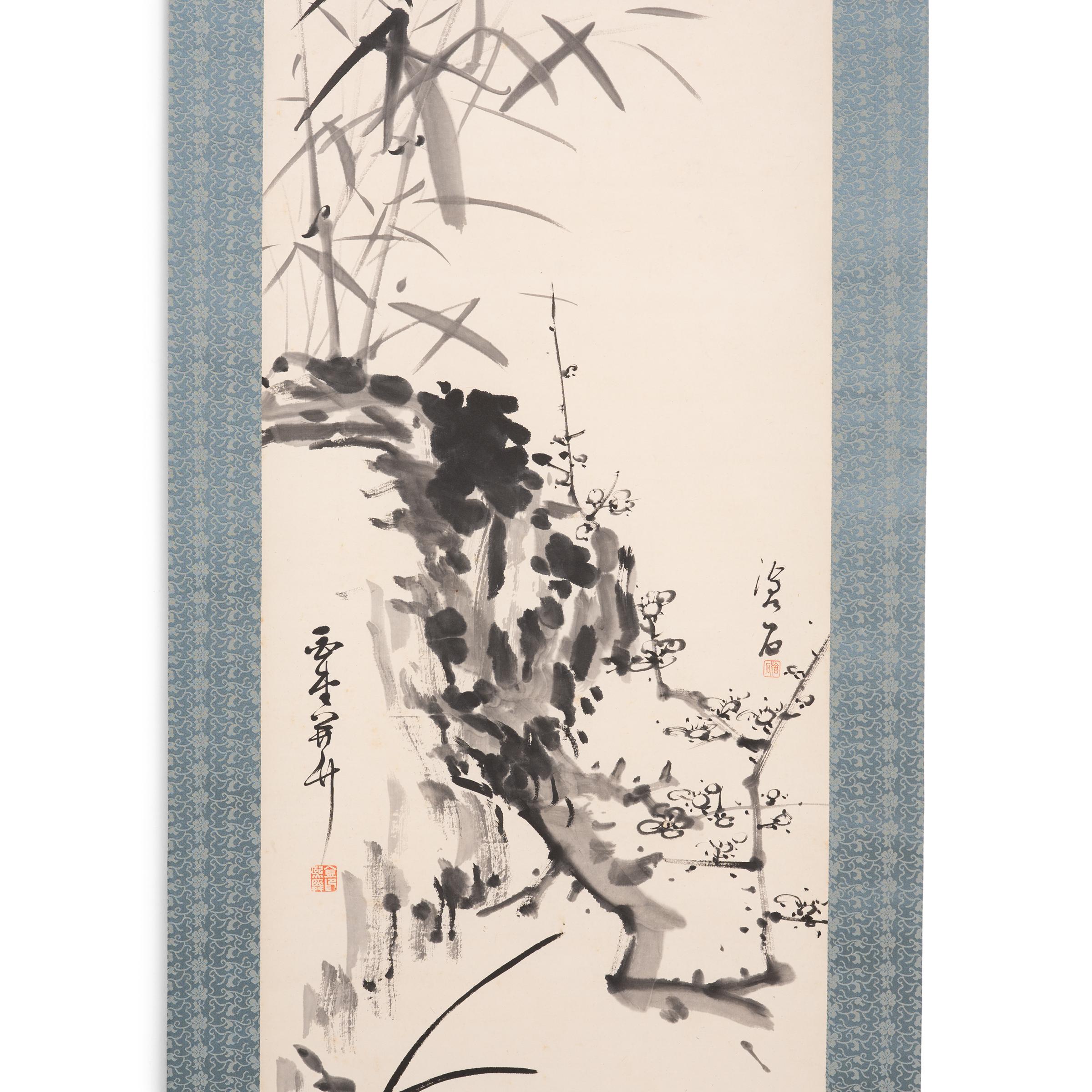 Koreanische hängende Koreanische Schnörkel aus Bambus, Prunus und Orchideen – Art von Unknown