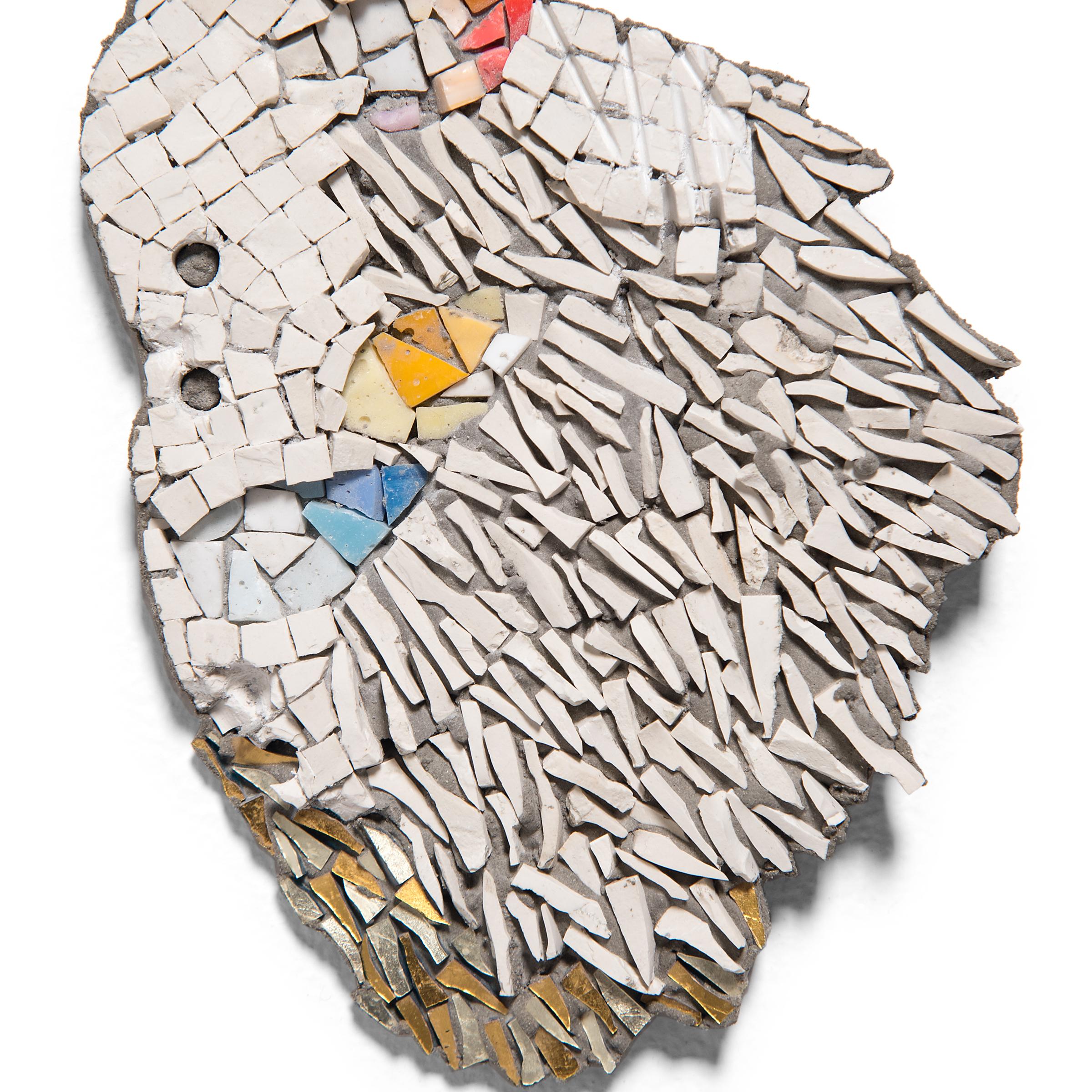 In the series “Clouded,” Toyoharu Kii honors the fullness of life and its continual rebirth. In some works, white tesserae assume abstract profiles. In others, irregular shapes contain a disorderly array of jagged tiles suggesting the unexpected