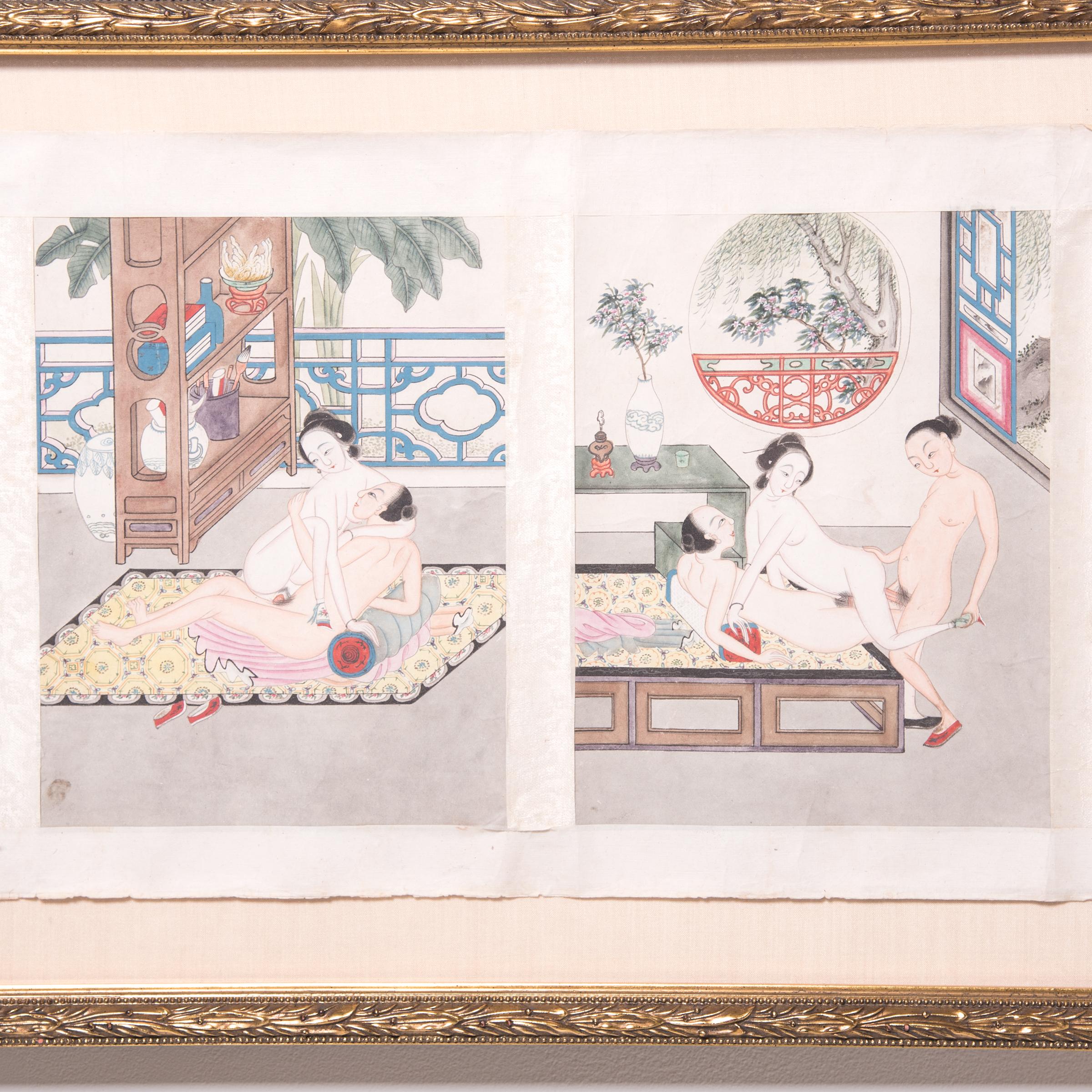 Chinese Erotic Pillow Book Scroll, c. 1850 - Beige Interior Art by Unknown