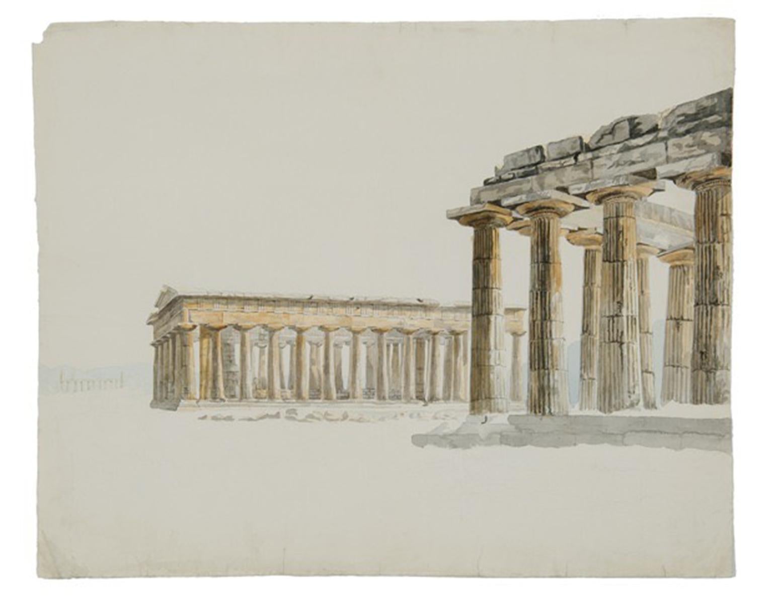 Unknown Landscape Art - Paestum - 19th century pencil and watercolour drawing of three Doric temples