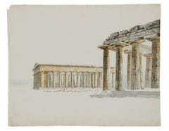 Paestum - 19th century pencil and watercolour drawing of three Doric temples