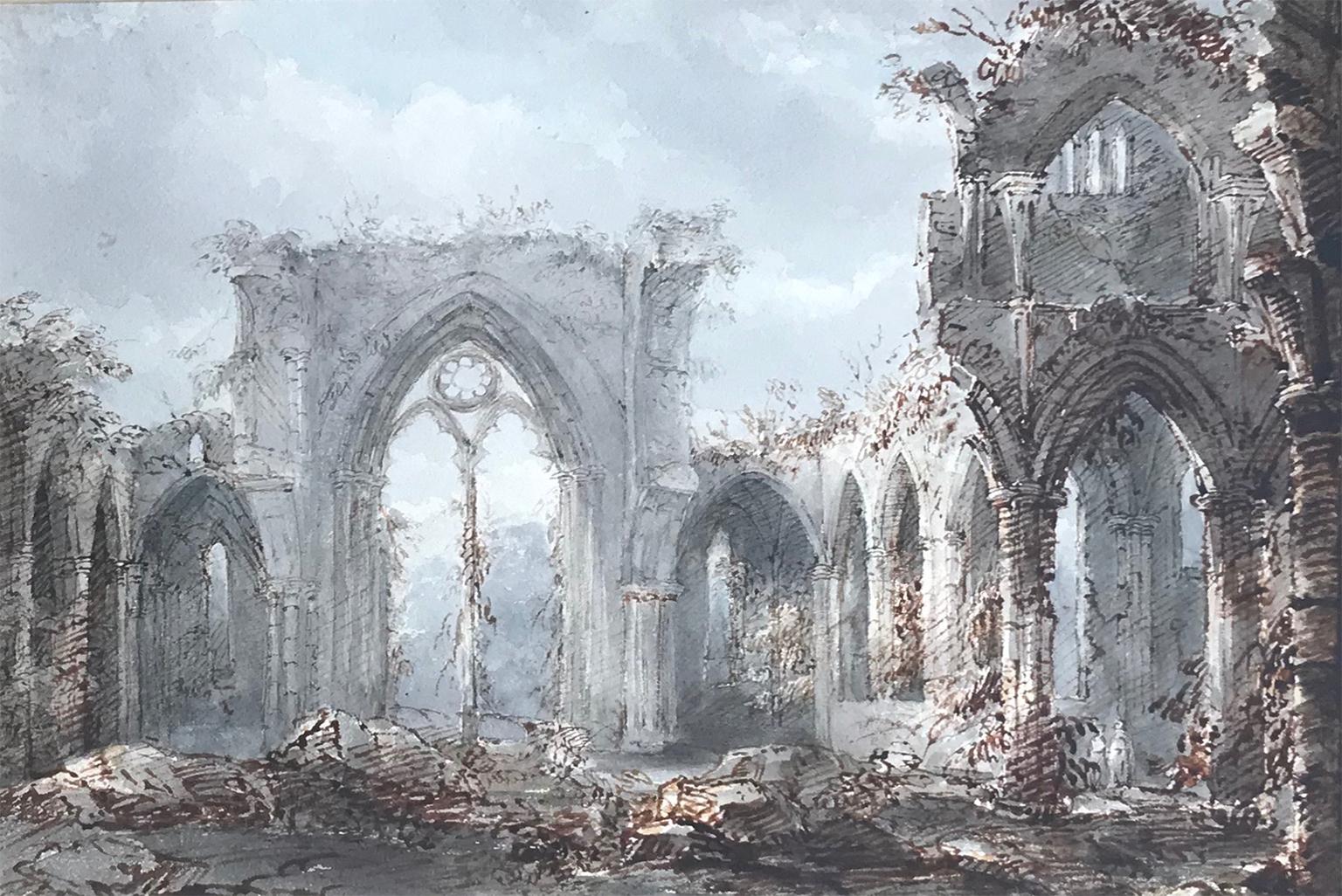 Unframed 7.5 x 8.25 in (18.5 x 23.5 cm). Framed: 13.65 x 14.75 in (34.5 x 38 cm)

This charming early nineteenth century drawing captures the evocative, ruined Netley Abbey. Executed in pen, brown ink and wash over traces of pencil, it is inscribed
