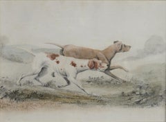 Two Pointers in a Landscape - 19th century watercolour of dogs