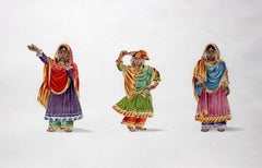 Dancing girls - 19th century Indian figurative painting, 3 girls in bright saris