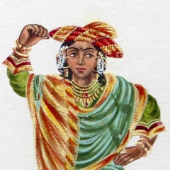 Dancing girls - 19th century Indian figurative painting, 3 girls in bright saris