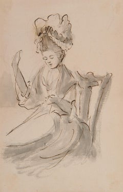 A lady wearing a mob cap sewing - 18th century figurative ink drawing