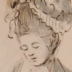 A lady wearing a mob cap sewing - 18th century figurative ink drawing