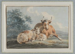 Cows and Sheep - early 19th century watercolour painting by Peter La Cave