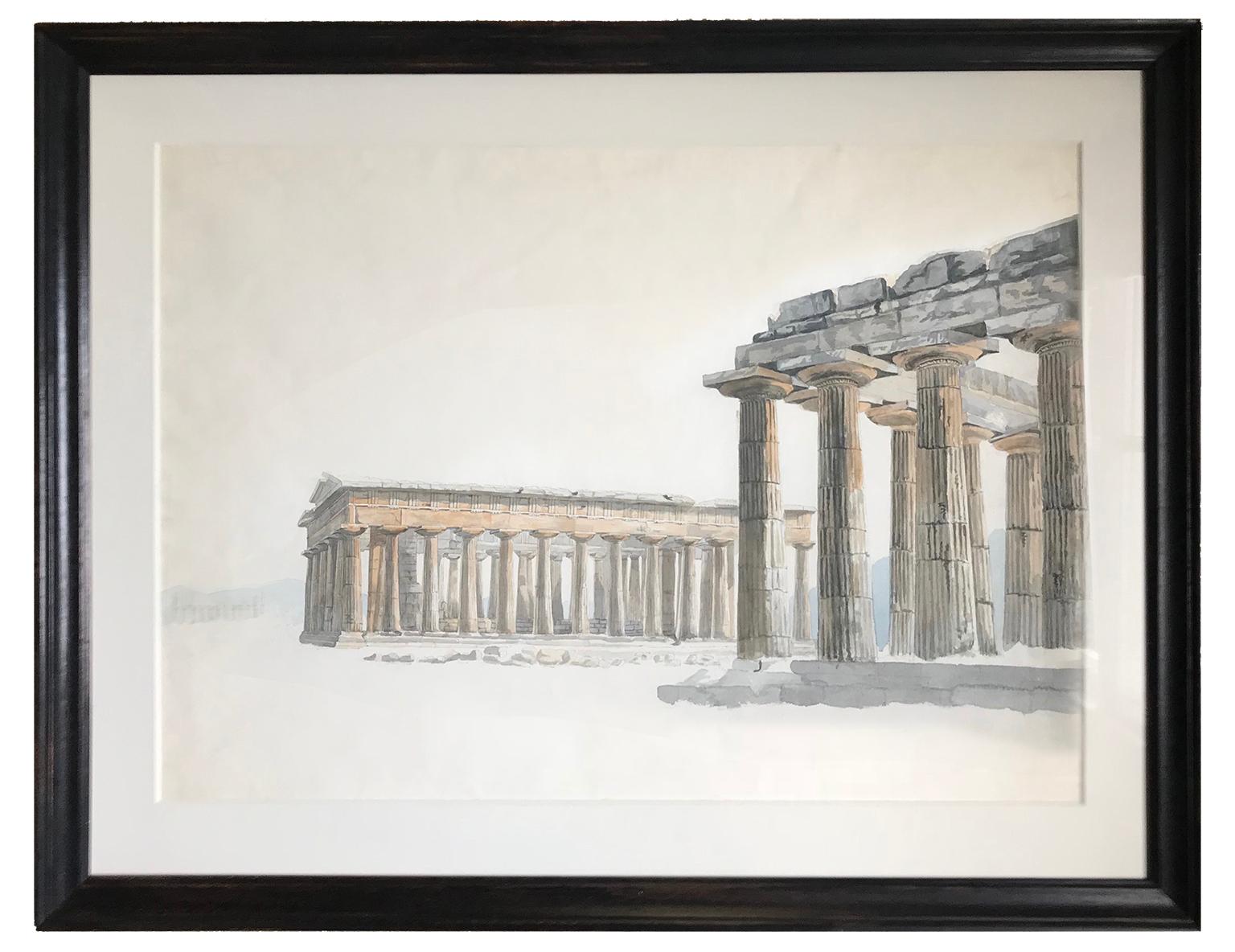 Paestum - 19th century pencil and watercolour drawing of three Doric temples - Art by Unknown