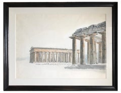 Paestum - 19th century pencil and watercolour drawing of three Doric temples