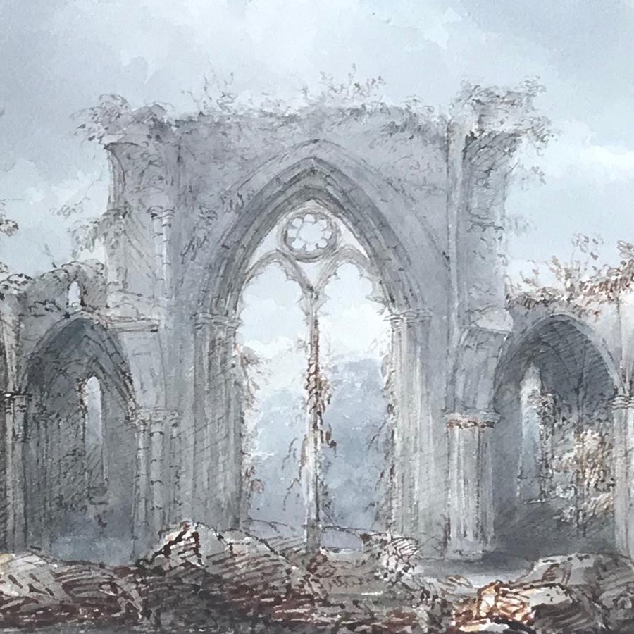Netley Abbey, Hampshire - 19th century pen and wash drawing by Miss Selby For Sale 1