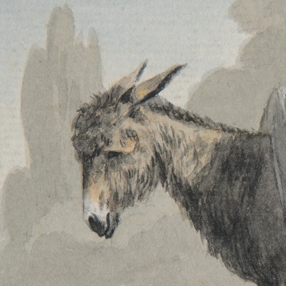 'A Mother and Child on a Donkey'
Dimensions are 3.125 x 4.75 in (8 x 12 cm) unframed, 10.375 x 11.75 in (26.5 x 30 cm) framed.

This drawing by John White Abbott, depicting a donkey carrying a woman and her child, is a charming example of his skill