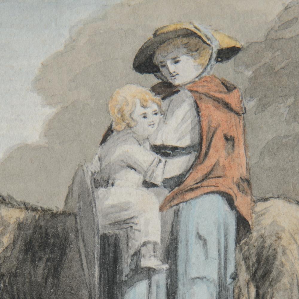 A Mother and Child on a Donkey - 18th century watercolour by John White Abbott For Sale 1
