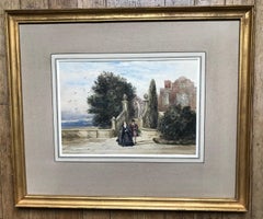 A terrace with figures - 19th century landscape painting by David Cox